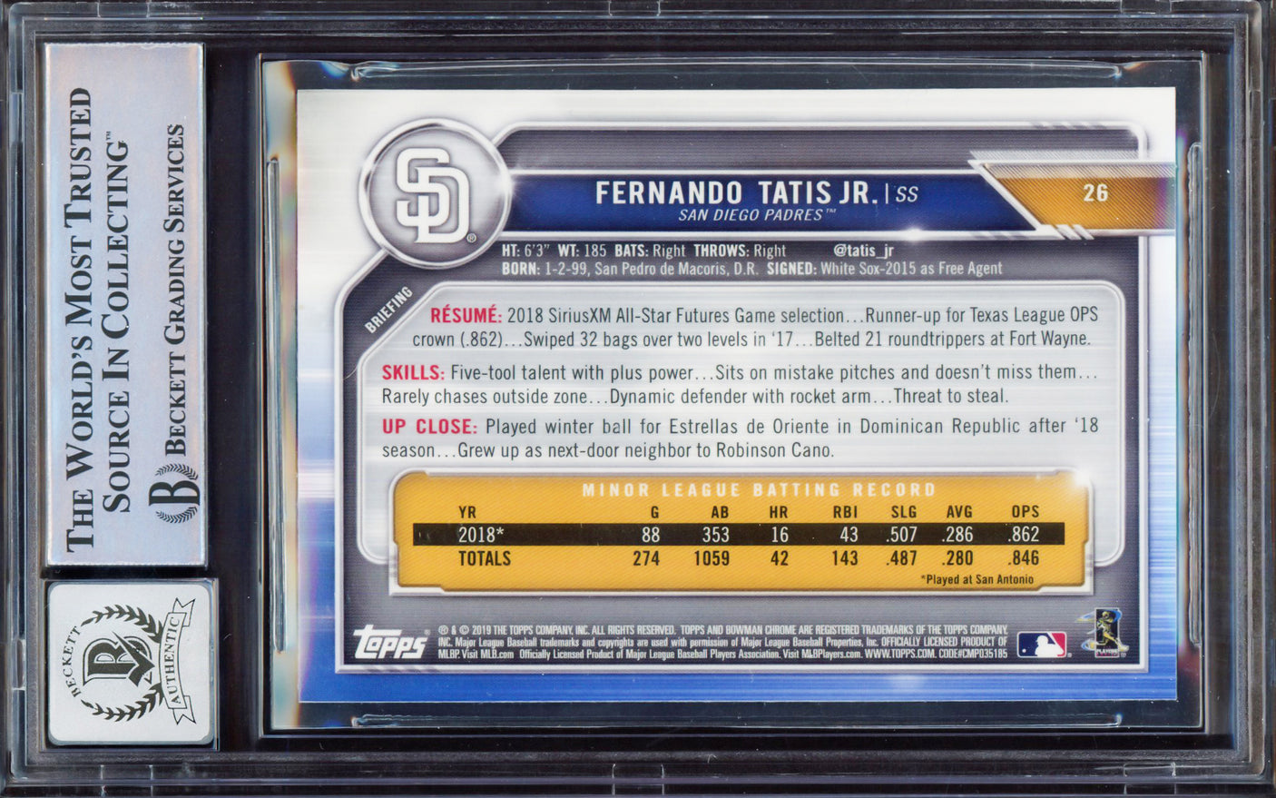 Fernando Tatis Jr. Autographed 2019 Bowman Chrome Rookie Card #26 San Diego Padres BGS 8.5 Auto Grade Gem Mint 10 Beckett BAS #15350638