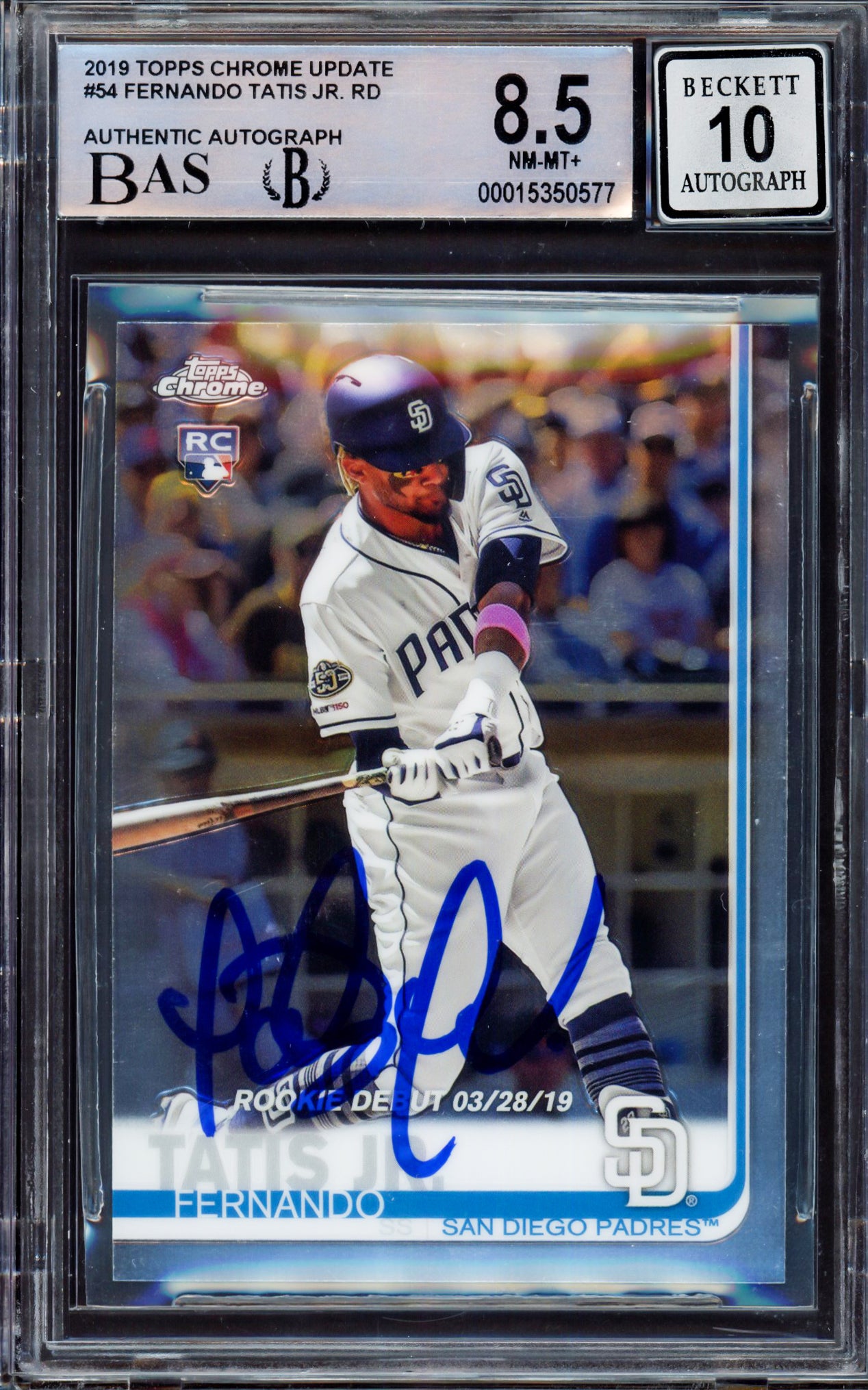 Fernando Tatis Jr. Autographed 2019 Topps Chrome Update Rookie Card #54 San Diego Padres BGS 8.5 Auto Grade Gem Mint 10 Beckett BAS #15350577