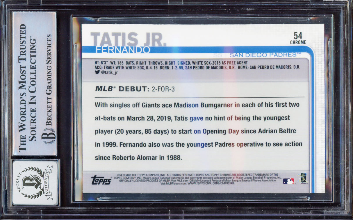 Fernando Tatis Jr. Autographed 2019 Topps Chrome Update Rookie Card #54 San Diego Padres BGS 8.5 Auto Grade Gem Mint 10 Beckett BAS #15350579
