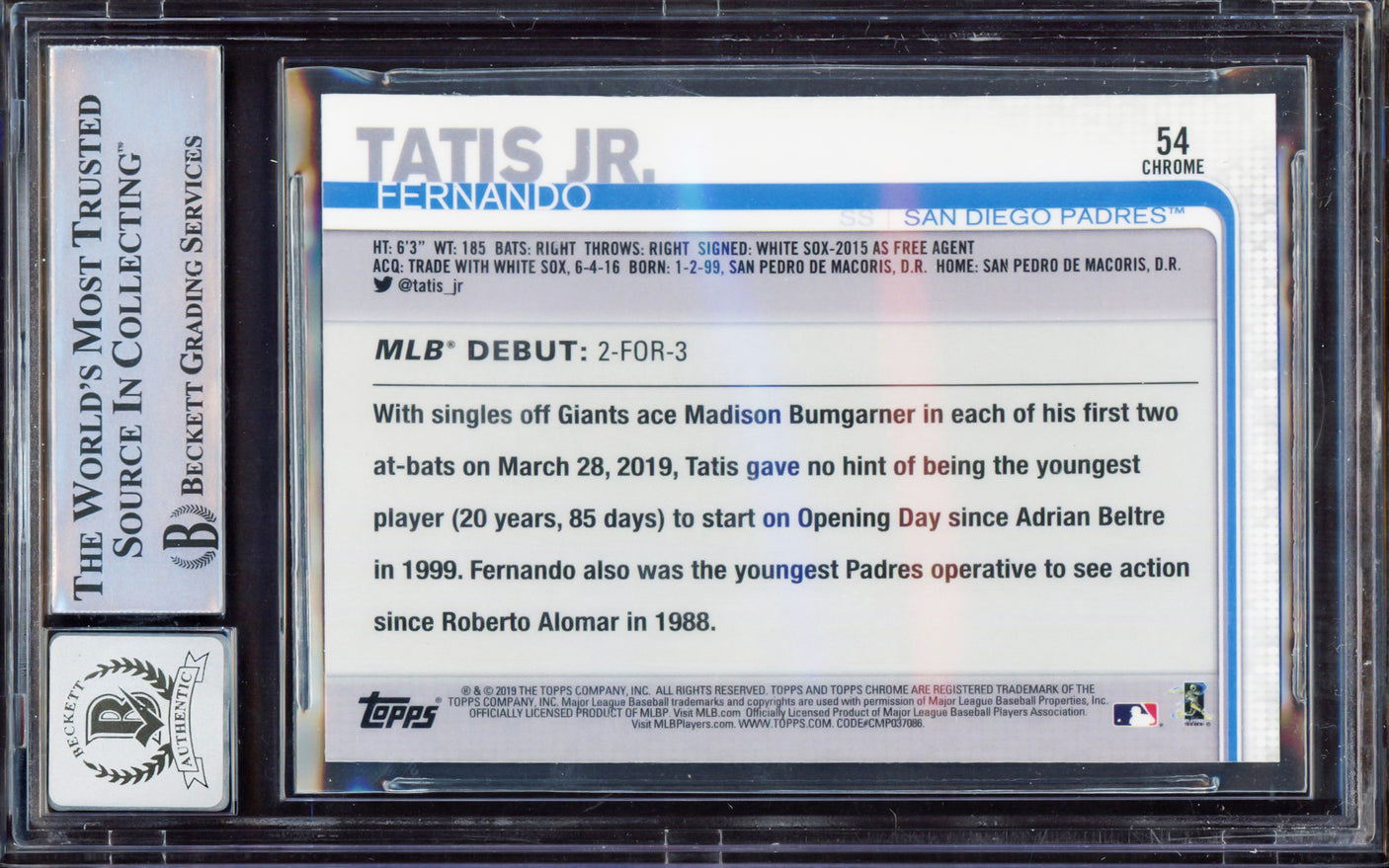 Fernando Tatis Jr. Autographed 2019 Topps Chrome Update Rookie Card #54 San Diego Padres BGS 8.5 Auto Grade Gem Mint 10 Beckett BAS #15350579