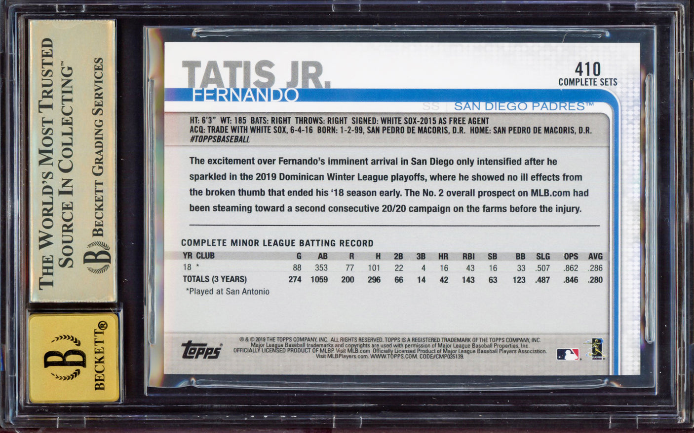 Fernando Tatis Jr. Autographed 2019 Topps Complete Sets Rookie Card #410 San Diego Padres BGS 9.5 Auto Grade Gem Mint 10 Highest Graded Beckett BAS #15349992