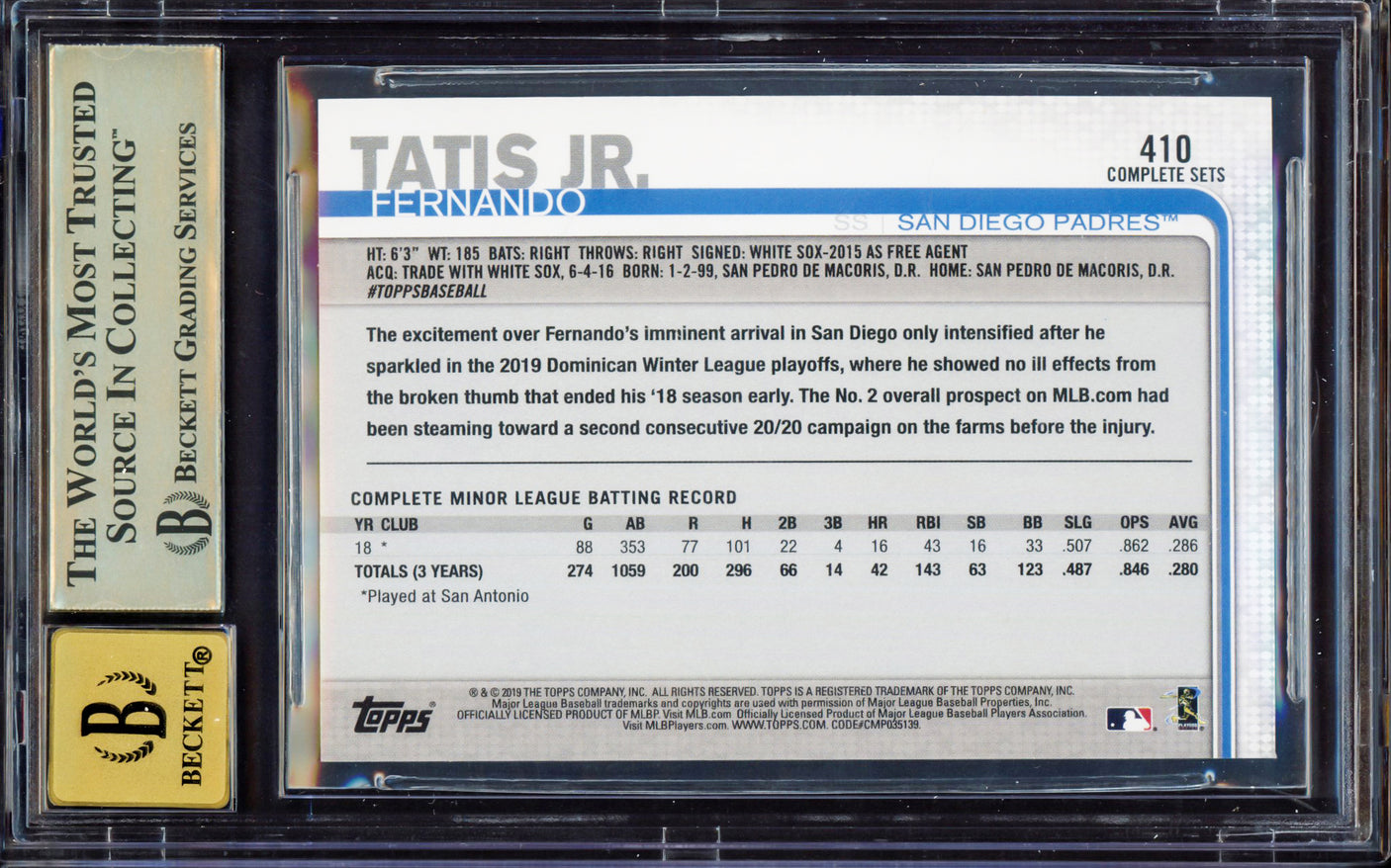 Fernando Tatis Jr. Autographed 2019 Topps Complete Sets Rookie Card #410 San Diego Padres BGS 9.5 Auto Grade Gem Mint 10 Highest Graded Beckett BAS #15349993