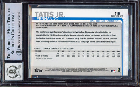 Fernando Tatis Jr. Autographed 2019 Topps Complete Sets Rookie Card #410 San Diego Padres BGS 9 Auto Grade Gem Mint 10 Beckett BAS #15350415