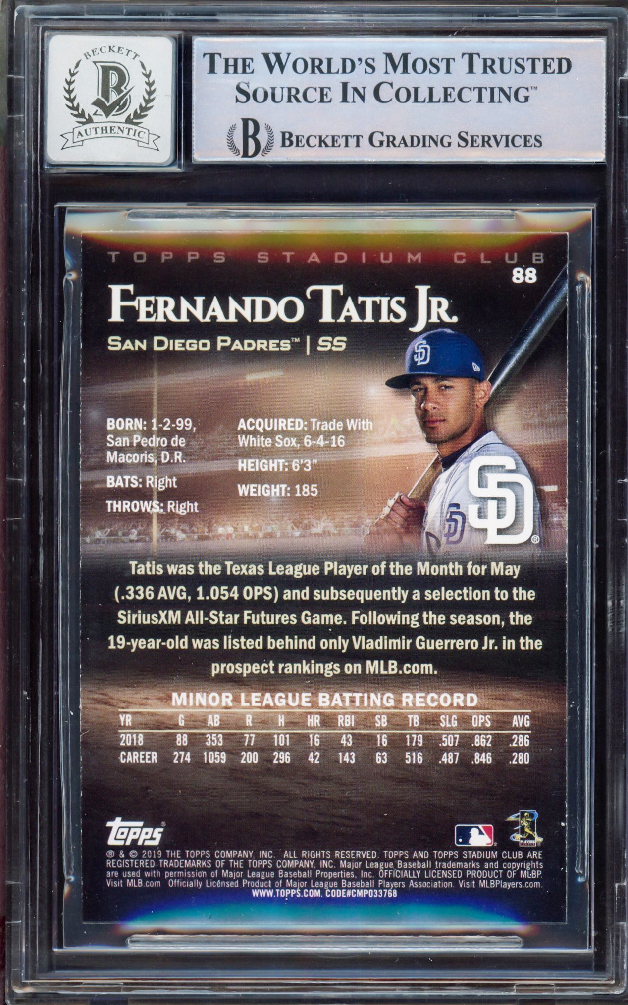 Fernando Tatis Jr. Autographed 2019 Stadium Club Sepia Rookie Card #88 San Diego Padres BGS 9 Auto Grade Gem Mint 10 Beckett BAS #15350432