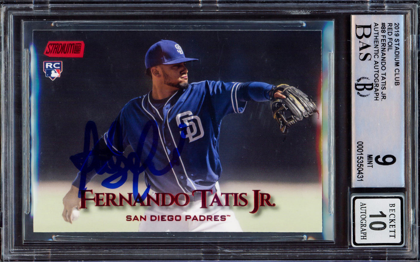 Fernando Tatis Jr. Autographed 2019 Stadium Club Red Foil Rookie Card #88 San Diego Padres BGS 9 Auto Grade Gem Mint 10 Beckett BAS #15350431