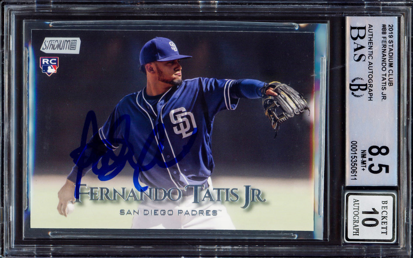 Fernando Tatis Jr. Autographed 2019 Topps Stadium Rookie Card #88 San Diego Padres BGS 8.5 Auto Grade Gem Mint 10 Beckett BAS #15350611