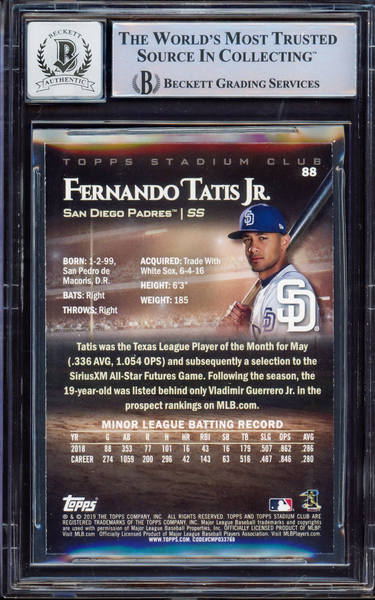 Fernando Tatis Jr. Autographed 2019 Topps Stadium Rookie Card #88 San Diego Padres BGS 8.5 Auto Grade Gem Mint 10 Beckett BAS #15350611