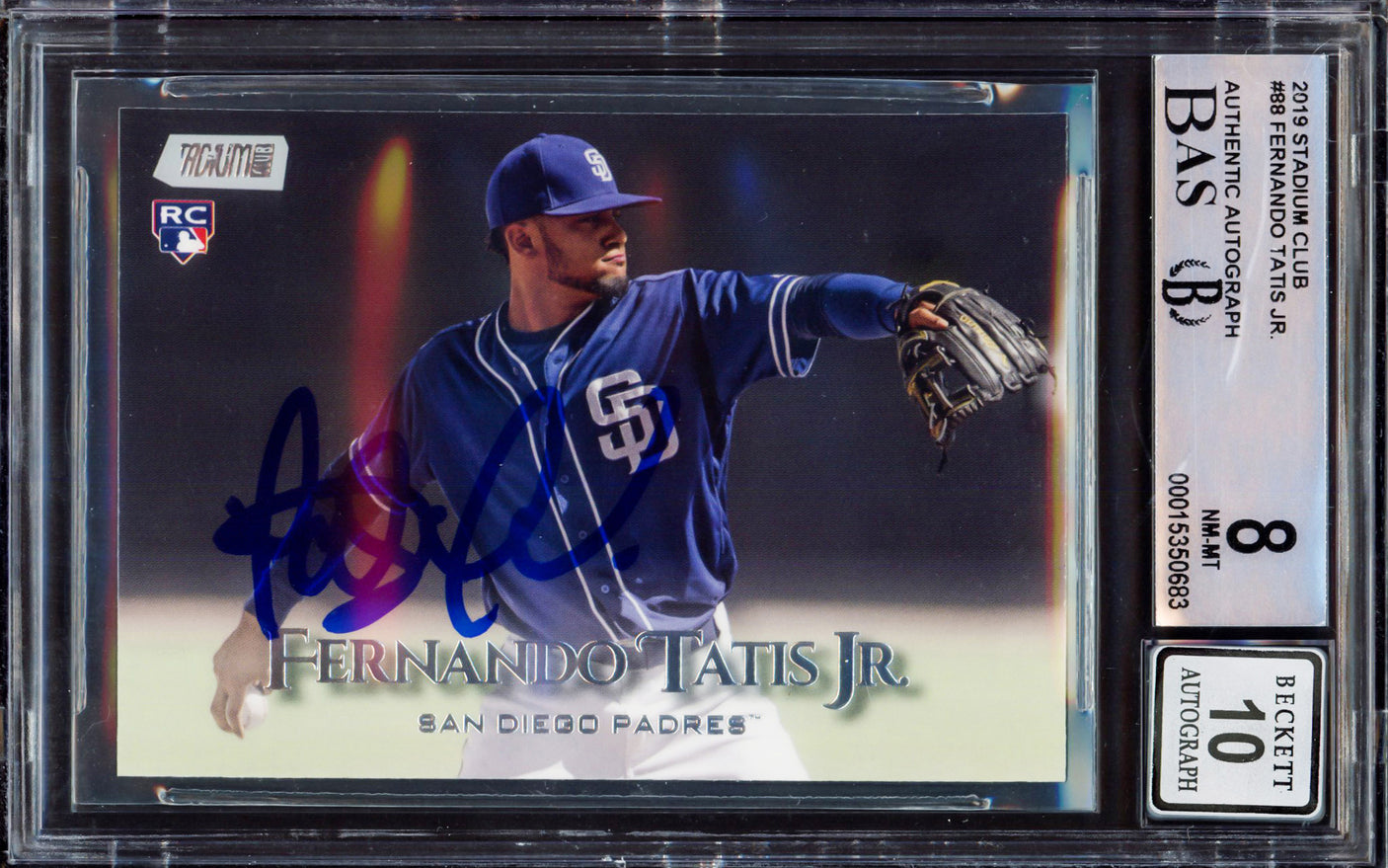 Fernando Tatis Jr. Autographed 2019 Topps Stadium Rookie Card #88 San Diego Padres BGS 8 Auto Grade Gem Mint 10 Beckett BAS #15350683