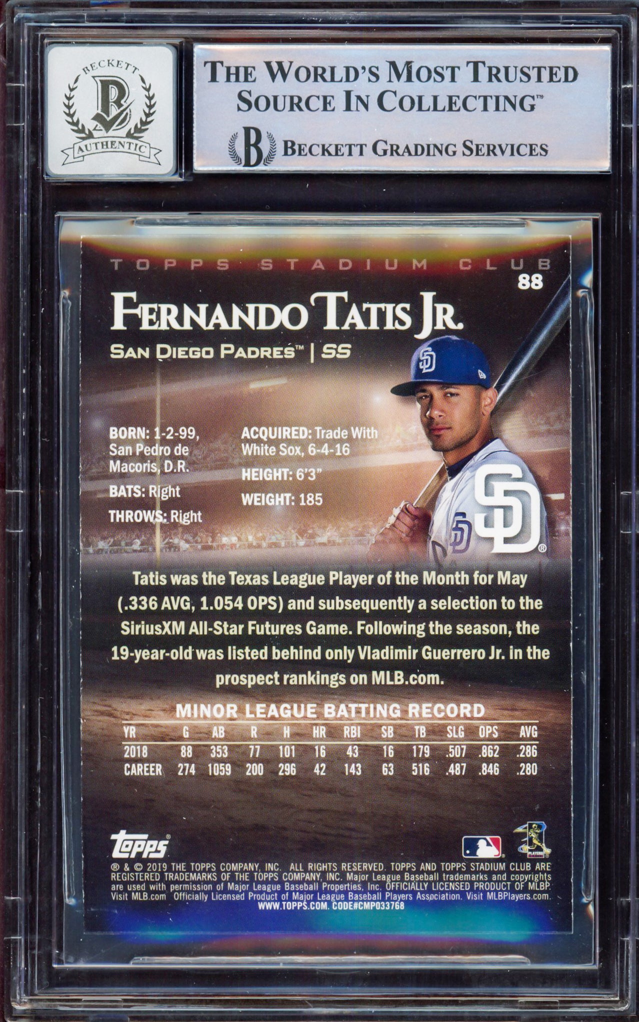 Fernando Tatis Jr. Autographed 2019 Topps Stadium Rookie Card #88 San Diego Padres BGS 8 Auto Grade Gem Mint 10 Beckett BAS #15350683