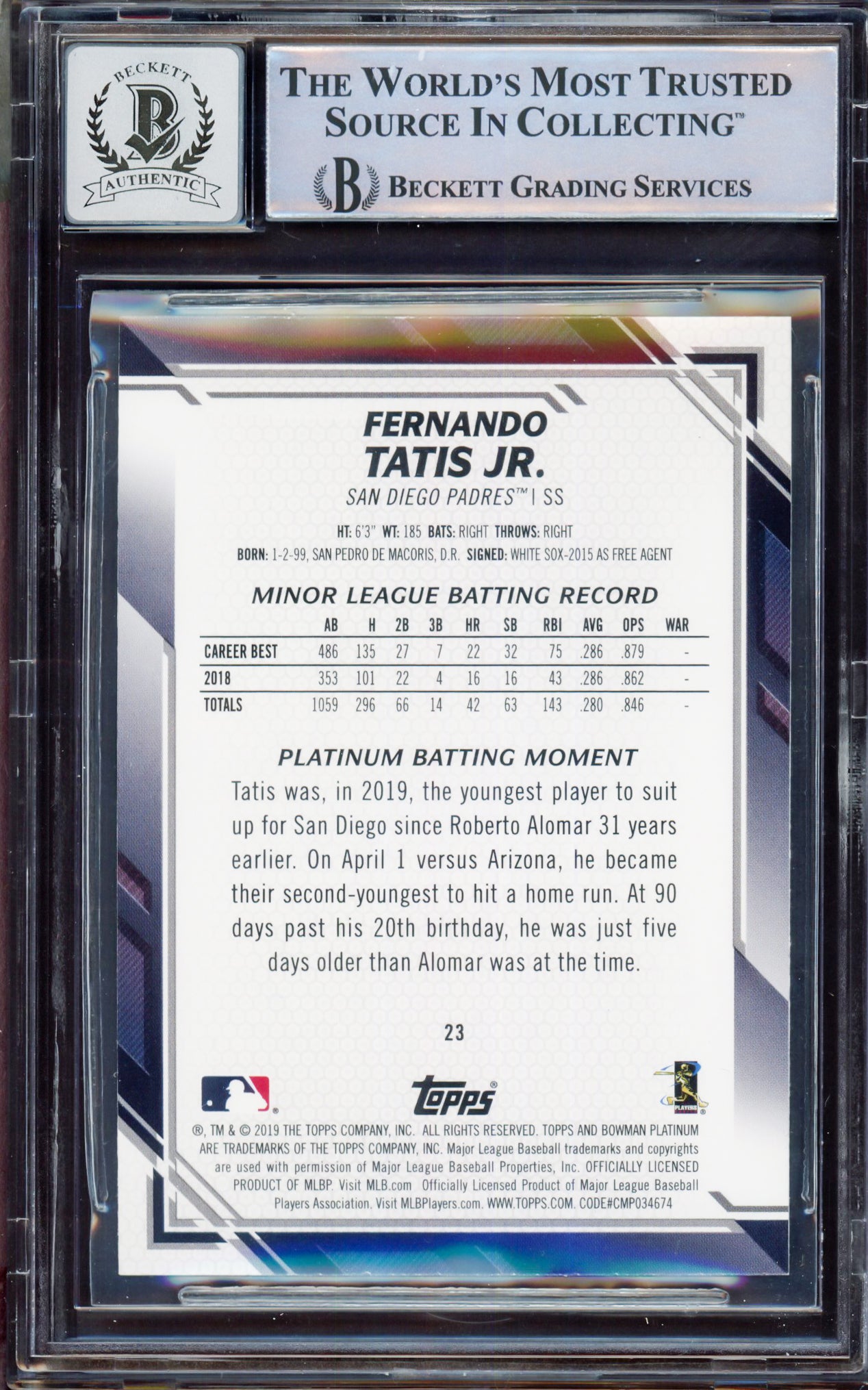 Fernando Tatis Jr. Autographed 2019 Bowman Platinum Variations Rookie Card #23 San Diego Padres BGS 8.5 Auto Grade Gem Mint 10 Beckett BAS #15350608