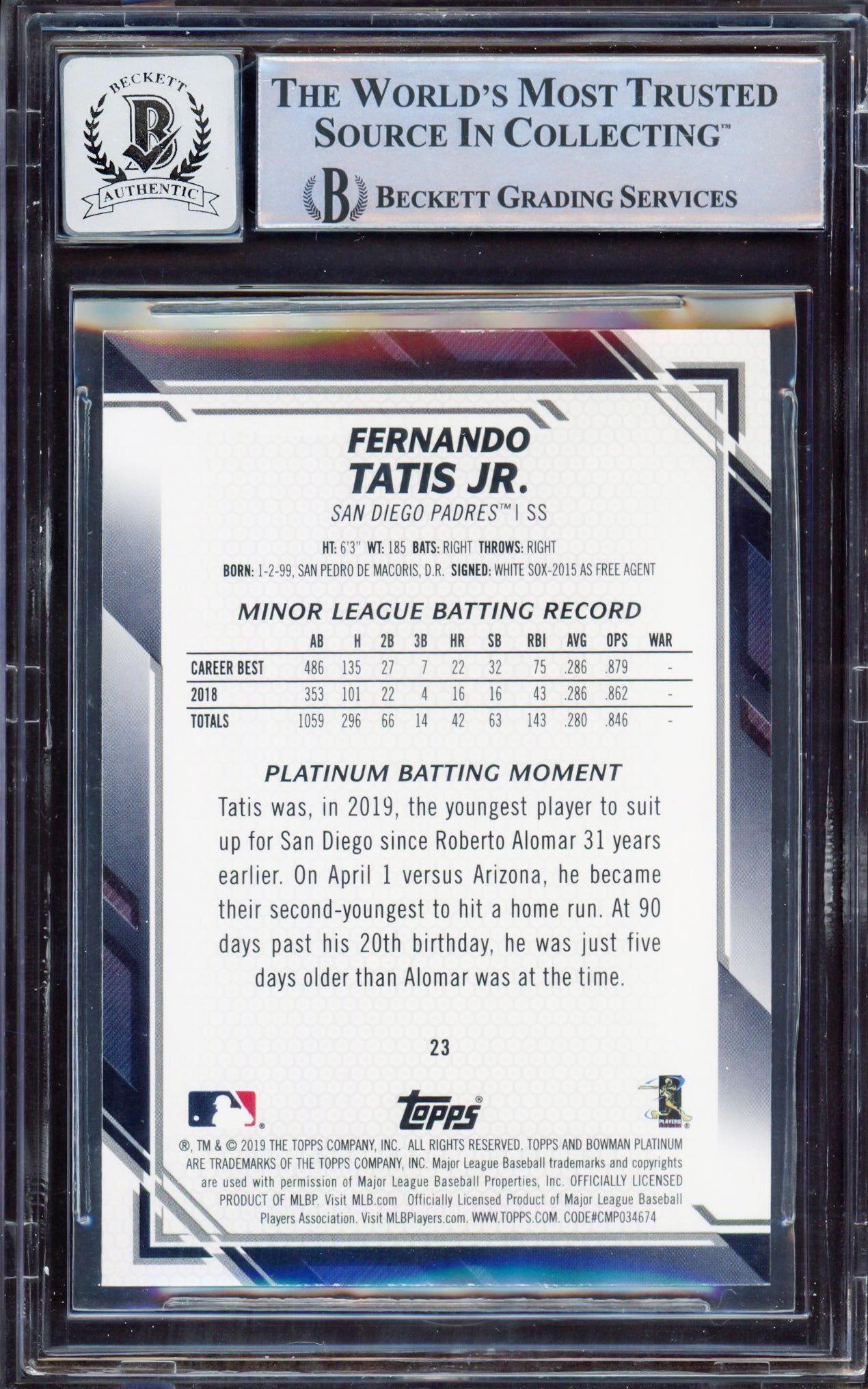 Fernando Tatis Jr. Autographed 2019 Bowman Platinum Variations Rookie Card #23 San Diego Padres BGS 8.5 Auto Grade Gem Mint 10 Beckett BAS #15350609
