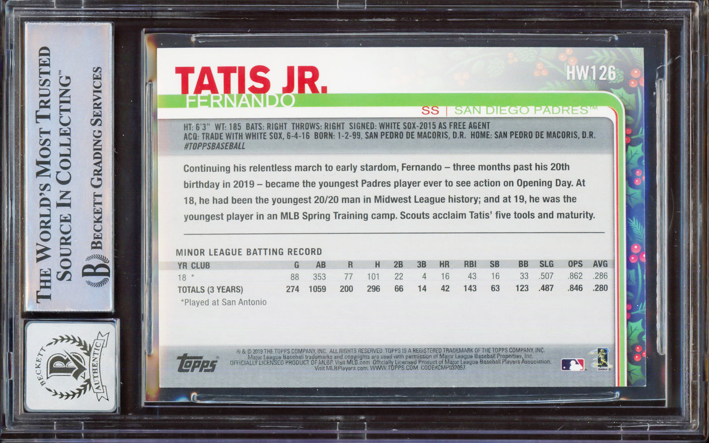 Fernando Tatis Jr. Autographed 2019 Topps Holiday Rookie Card #HW126 San Diego Padres BGS 8 Auto Grade Gem Mint 10 Beckett BAS #15350680