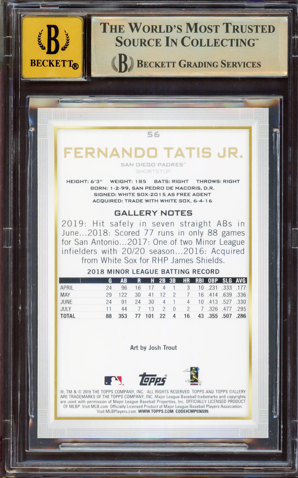 Fernando Tatis Jr. Autographed 2019 Topps Gallery Rookie Card #56 San Diego Padres BGS 9.5 Auto Grade Gem Mint 10 Highest Graded Beckett BAS #15349996