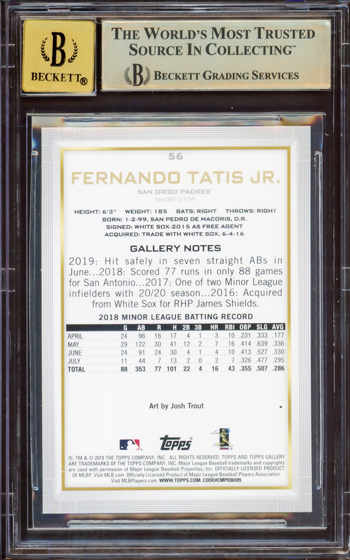 Fernando Tatis Jr. Autographed 2019 Topps Gallery Rookie Card #56 San Diego Padres BGS 9.5 Auto Grade Gem Mint 10 Highest Graded Beckett BAS #15349997