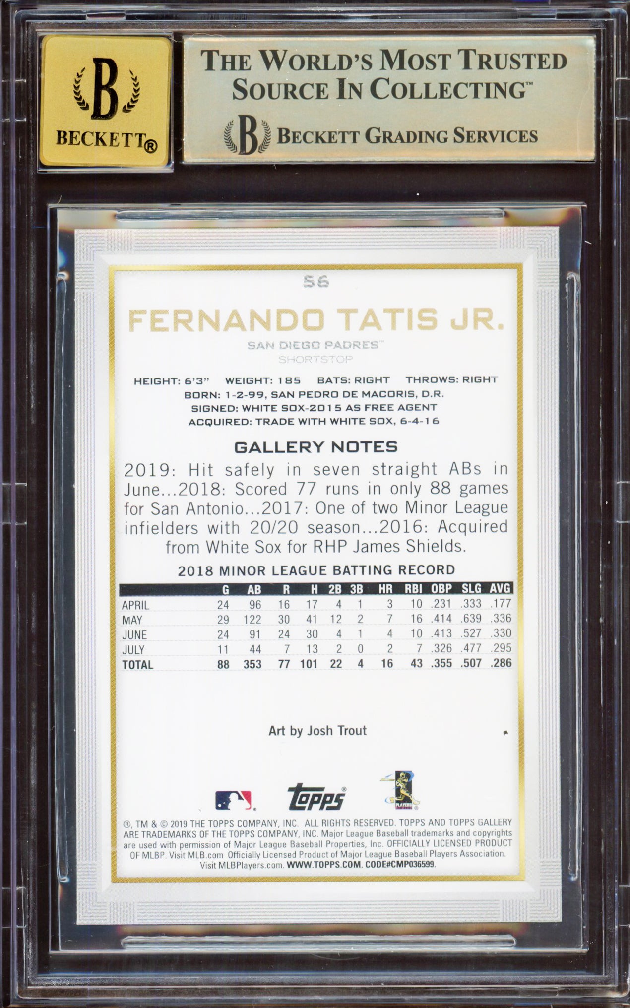 Fernando Tatis Jr. Autographed 2019 Topps Gallery Rookie Card #56 San Diego Padres BGS 9.5 Auto Grade Gem Mint 10 Highest Graded Beckett BAS #15349997