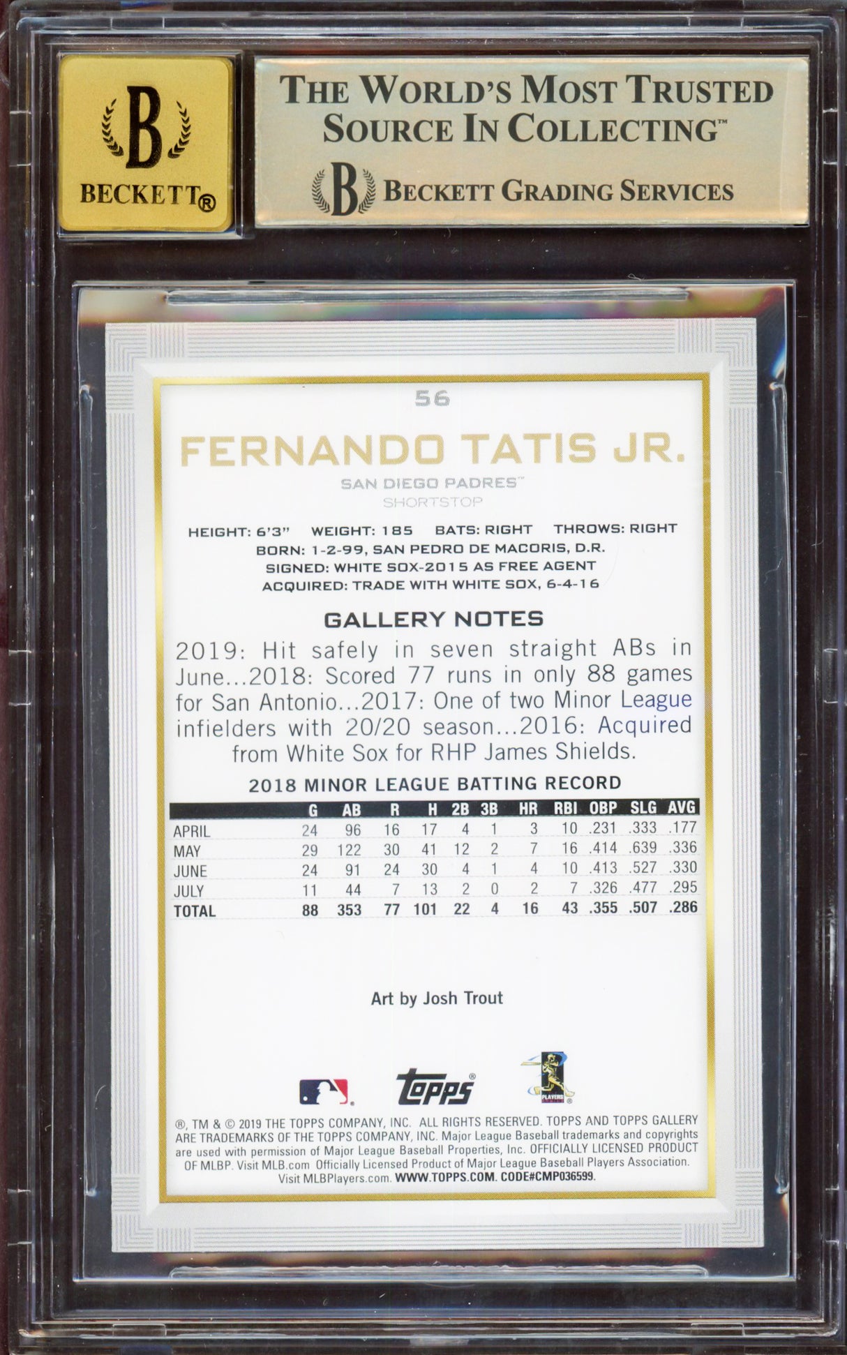 Fernando Tatis Jr. Autographed 2019 Topps Gallery Rookie Card #56 San Diego Padres BGS 9.5 Auto Grade Gem Mint 10 Highest Graded Beckett BAS #15349998