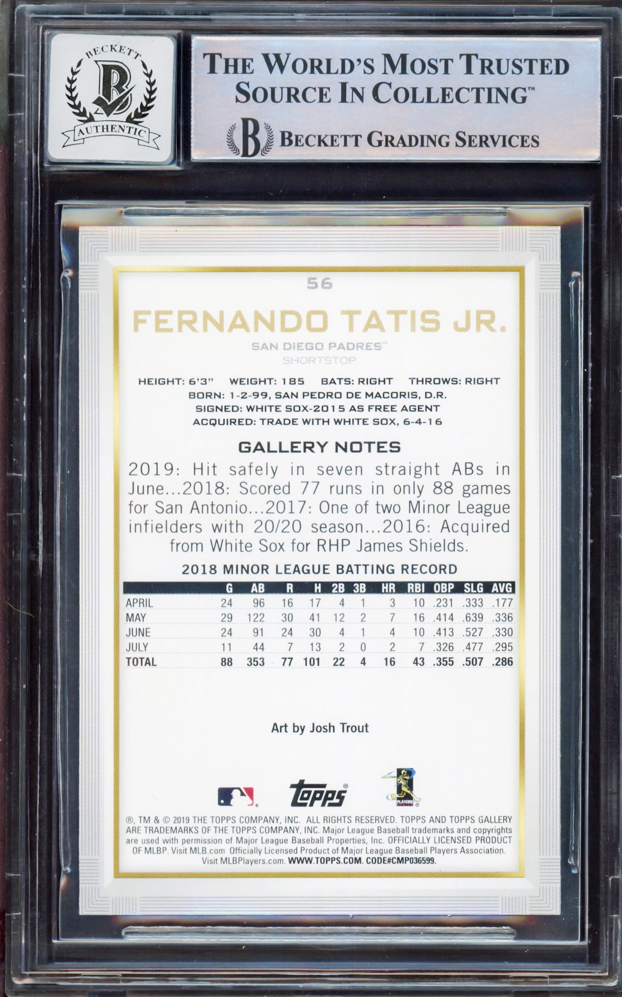 Fernando Tatis Jr. Autographed 2019 Topps Gallery Rookie Card #56 San Diego Padres BGS 9 Auto Grade Gem Mint 10 Beckett BAS #15350422
