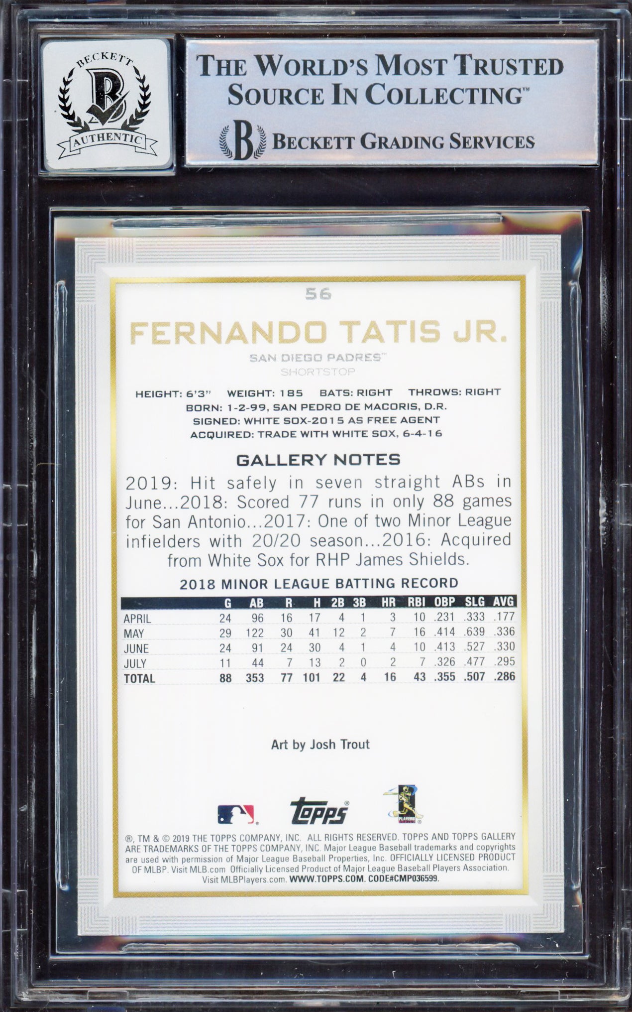 Fernando Tatis Jr. Autographed 2019 Topps Gallery Rookie Card #56 San Diego Padres BGS 8.5 Auto Grade Gem Mint 10 Beckett BAS #15350580