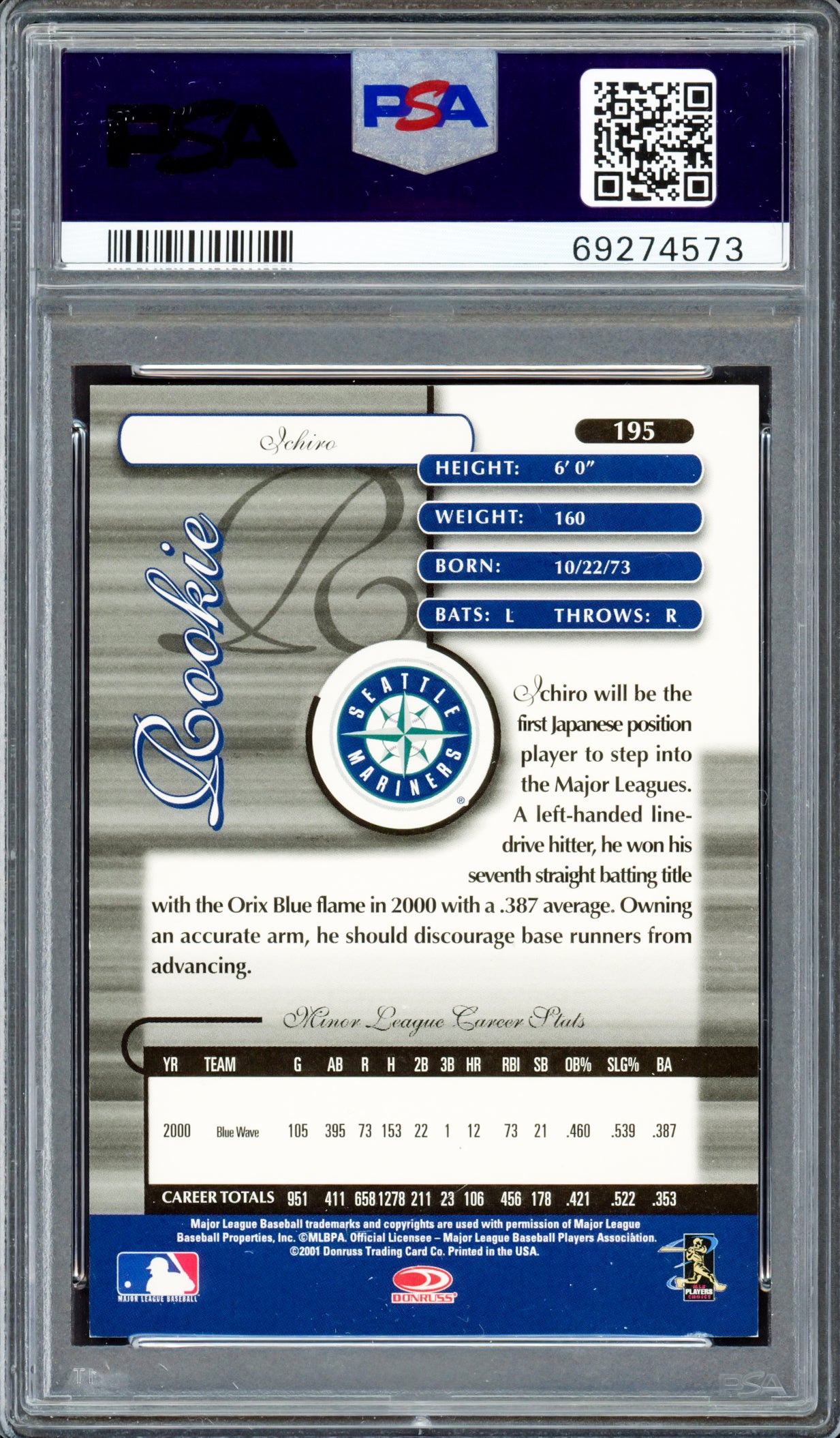 Ichiro Suzuki Autographed 2001 Donruss Elite Rookie Card #195 Seattle Mariners Auto Grade Gem Mint 10 "01 ROY/MVP" #607/1000 PSA/DNA #69274573