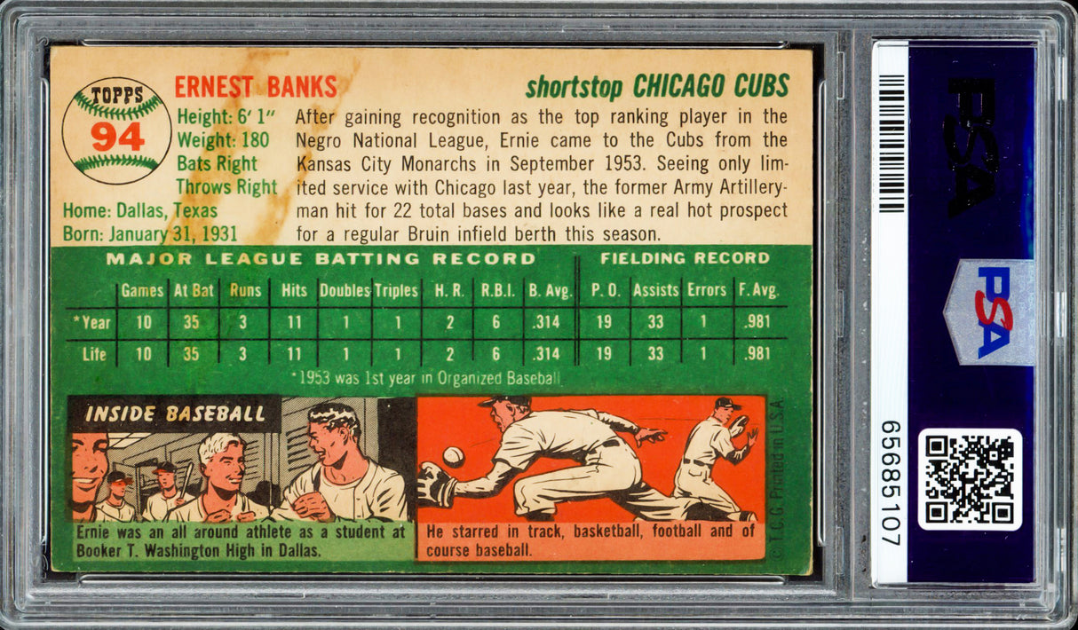 Ernie Banks Autographed 1954 Topps Rookie Card #94 Chicago Cubs Vintage Signature PSA/DNA #65685107