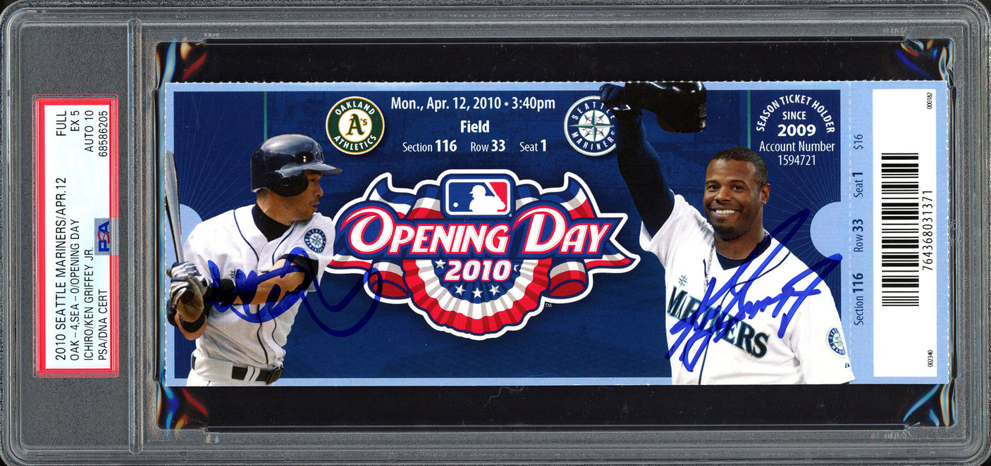 Ken Griffey Jr. & Ichiro Suzuki Autographed April 12th, 2010 Opening Day Ticket Stub Seattle Mariners PSA 5 Auto Grade Gem Mint 10 PSA/DNA #68586205
