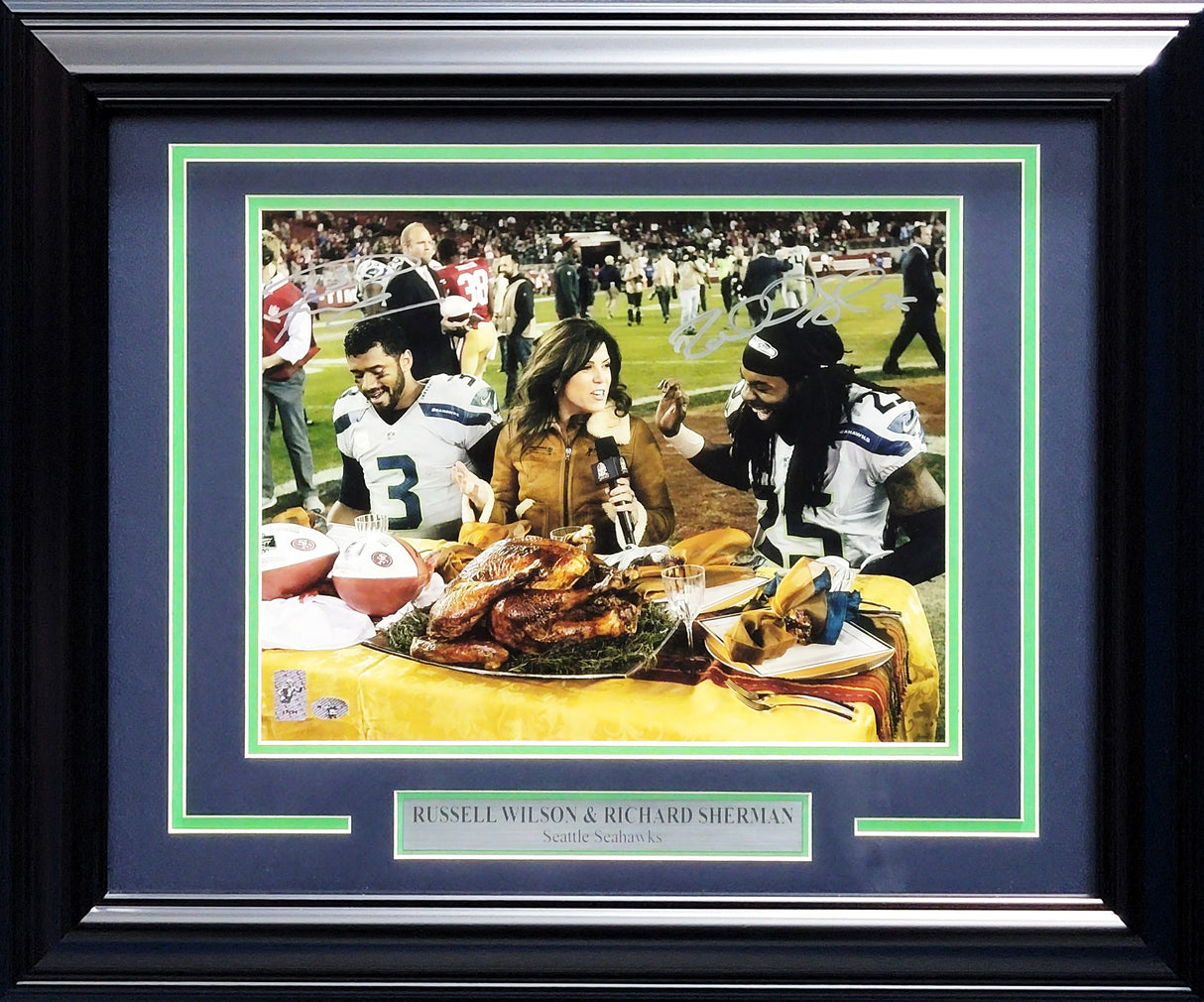 Russell Wilson & Richard Sherman Autographed Framed 11x14 Photo Seattle Seahawks Thanksgiving vs. 49ers RS & RW Holo #37294