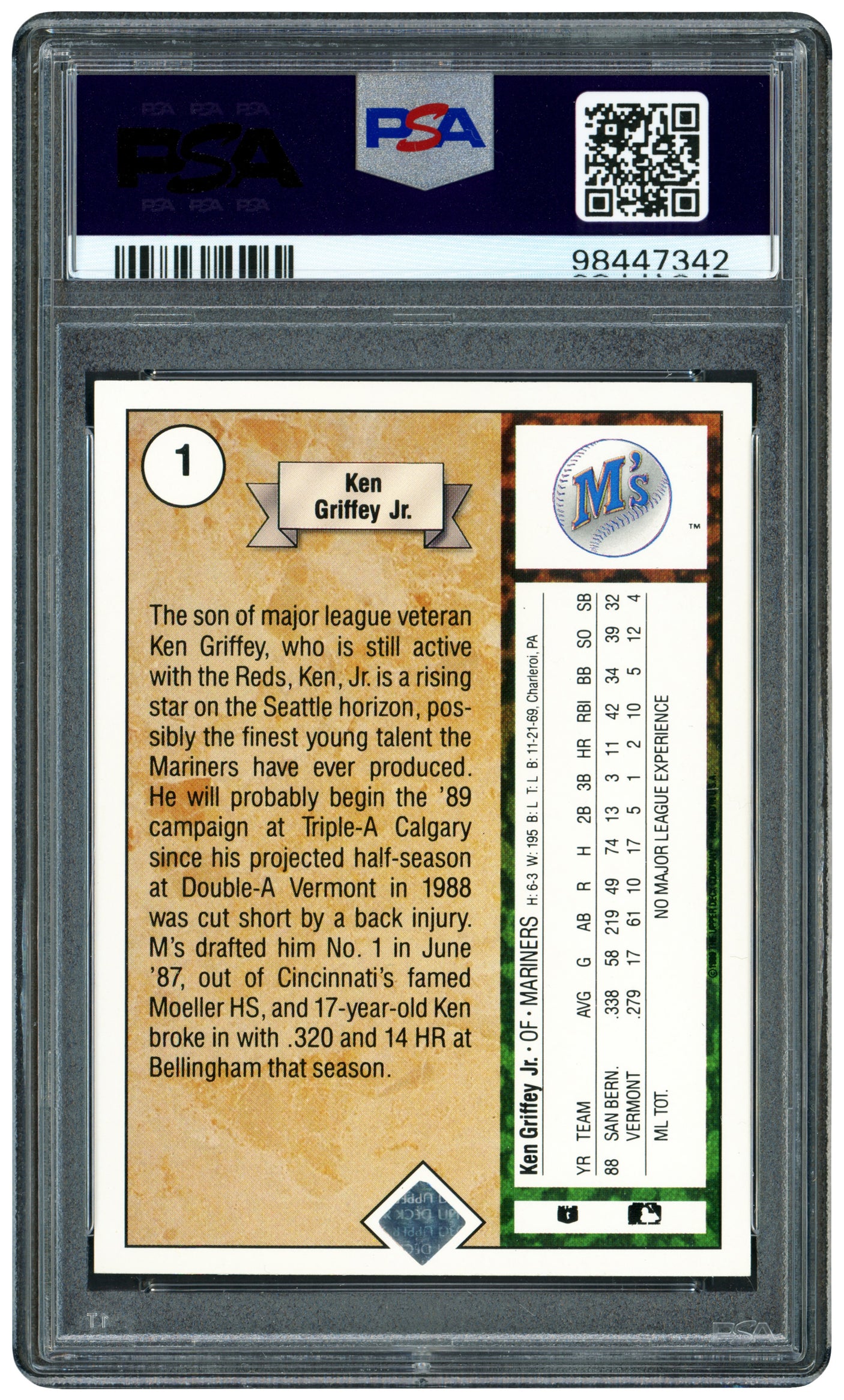 Ken Griffey Jr. Autographed 1989 Upper Deck Rookie Card #1 Seattle Mariners PSA 9 Auto Grade Gem Mint 10 PSA/DNA Stock #238798