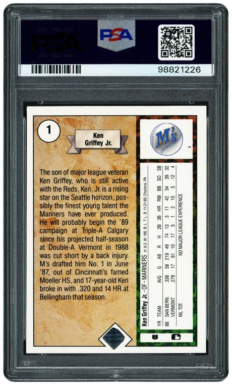 Ken Griffey Jr. Autographed 1989 Upper Deck Rookie Card #1 Seattle Mariners PSA 8 Auto Grade Gem Mint 10 PSA/DNA Stock #238799