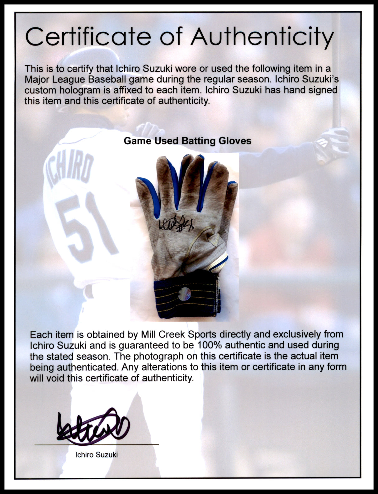 Ichiro Suzuki Autographed Pair of Blue & Grey Mizuno Game Used Batting Gloves Seattle Mariners "#51" IS Holo SKU #238822
