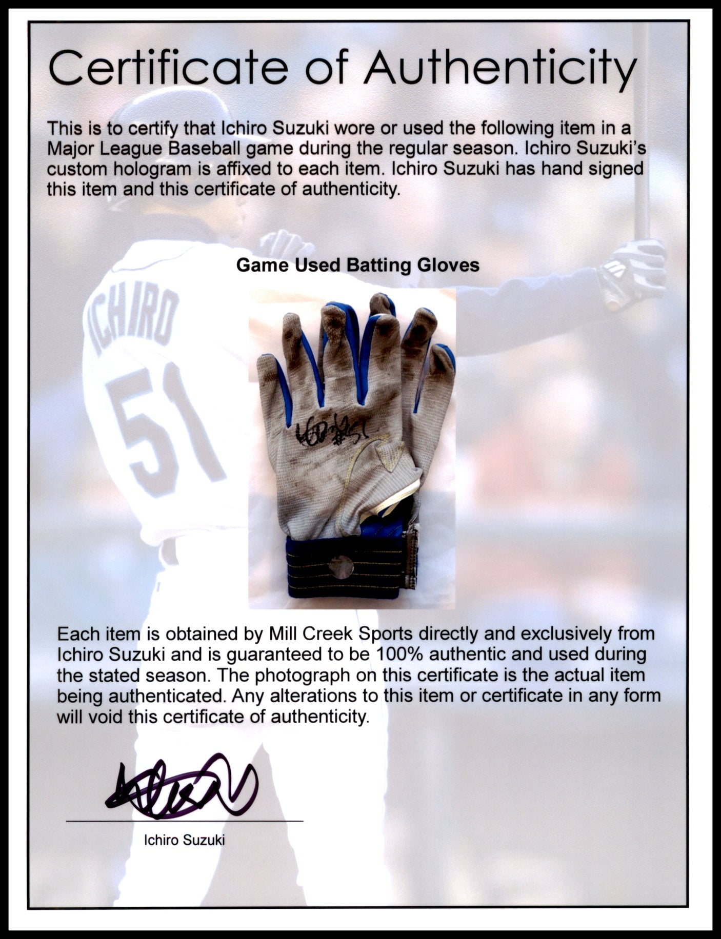 Ichiro Suzuki Autographed Pair of Blue & Grey Mizuno Game Used Batting Gloves Seattle Mariners "#51" IS Holo SKU #238824