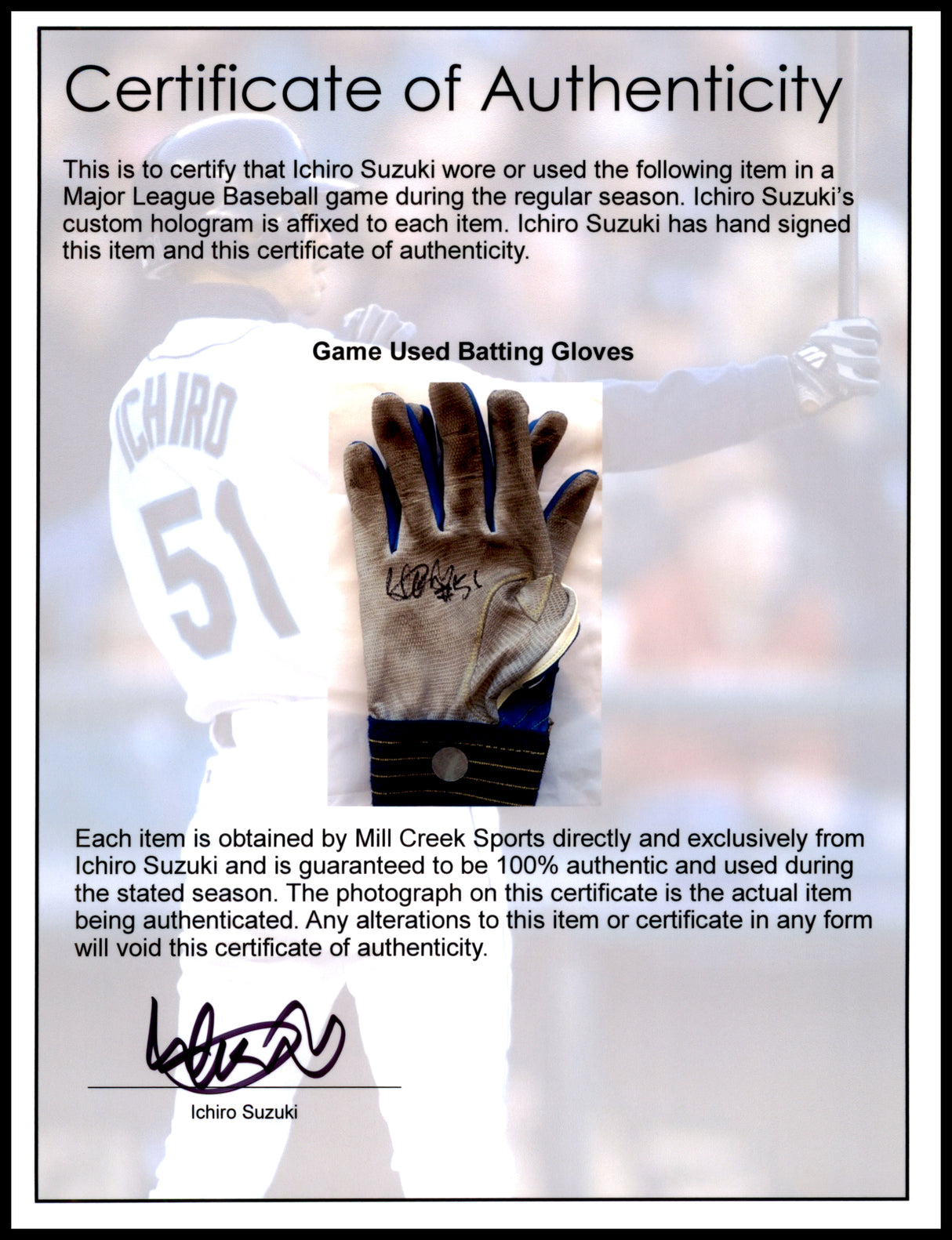 Ichiro Suzuki Autographed Pair of Blue & Grey Mizuno Game Used Batting Gloves Seattle Mariners "#51" IS Holo SKU #238825