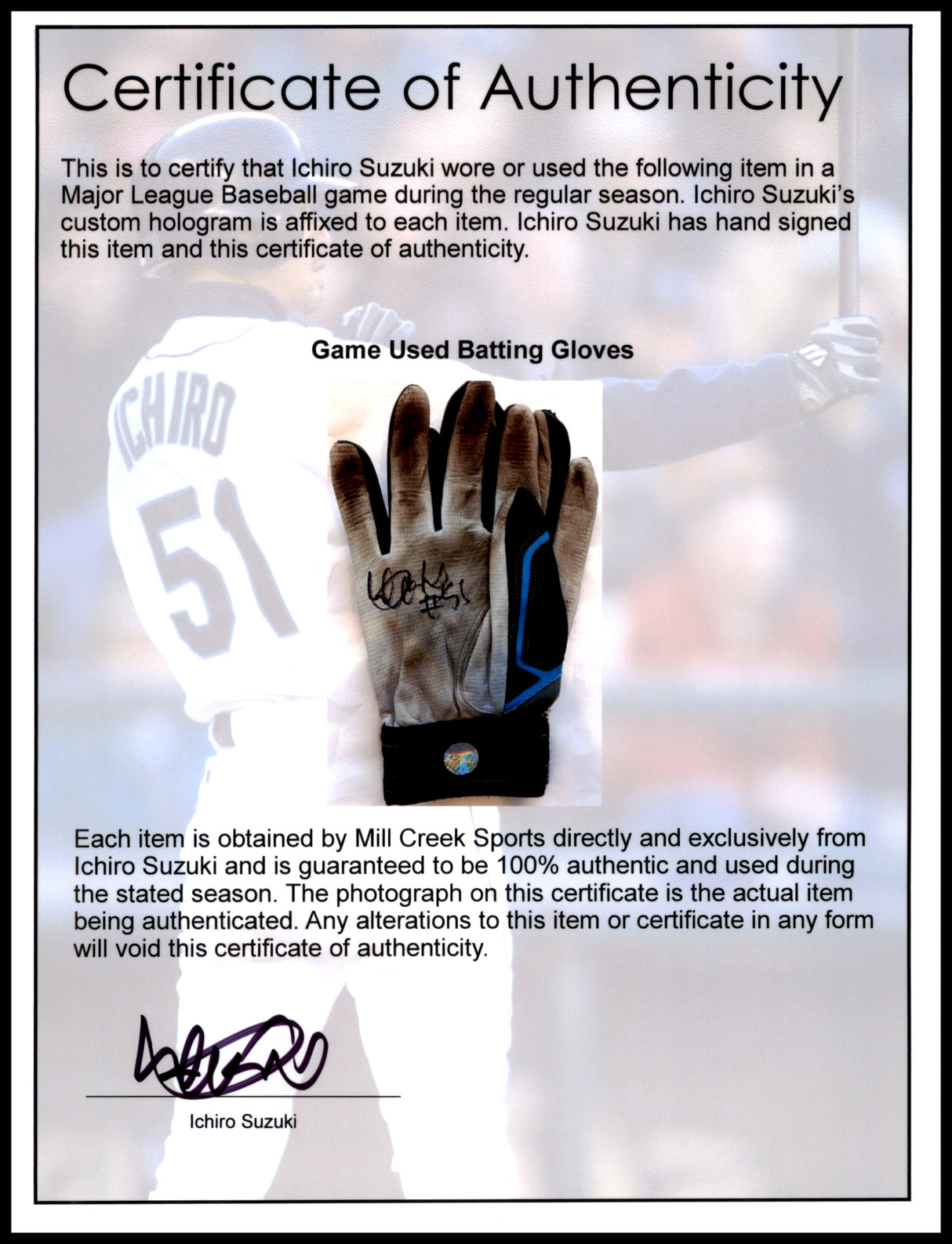 Ichiro Suzuki Autographed Pair of Grey & Teal Mizuno Game Used Batting Gloves Seattle Mariners "#51" IS Holo SKU #238826