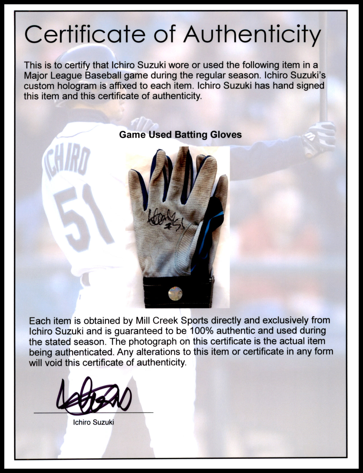Ichiro Suzuki Autographed Pair of Grey, Blue & Teal Mizuno Game Used Batting Gloves Seattle Mariners "#51" IS Holo SKU #238829