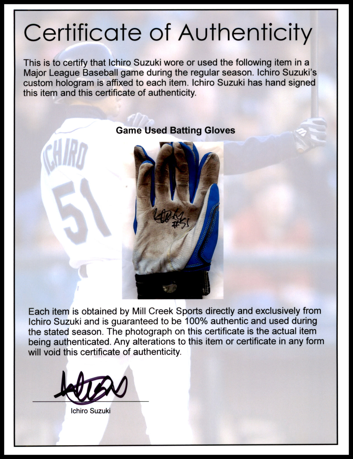 Ichiro Suzuki Autographed Pair of Blue & Grey Mizuno Game Used Batting Gloves Seattle Mariners "#51" IS Holo SKU #238830