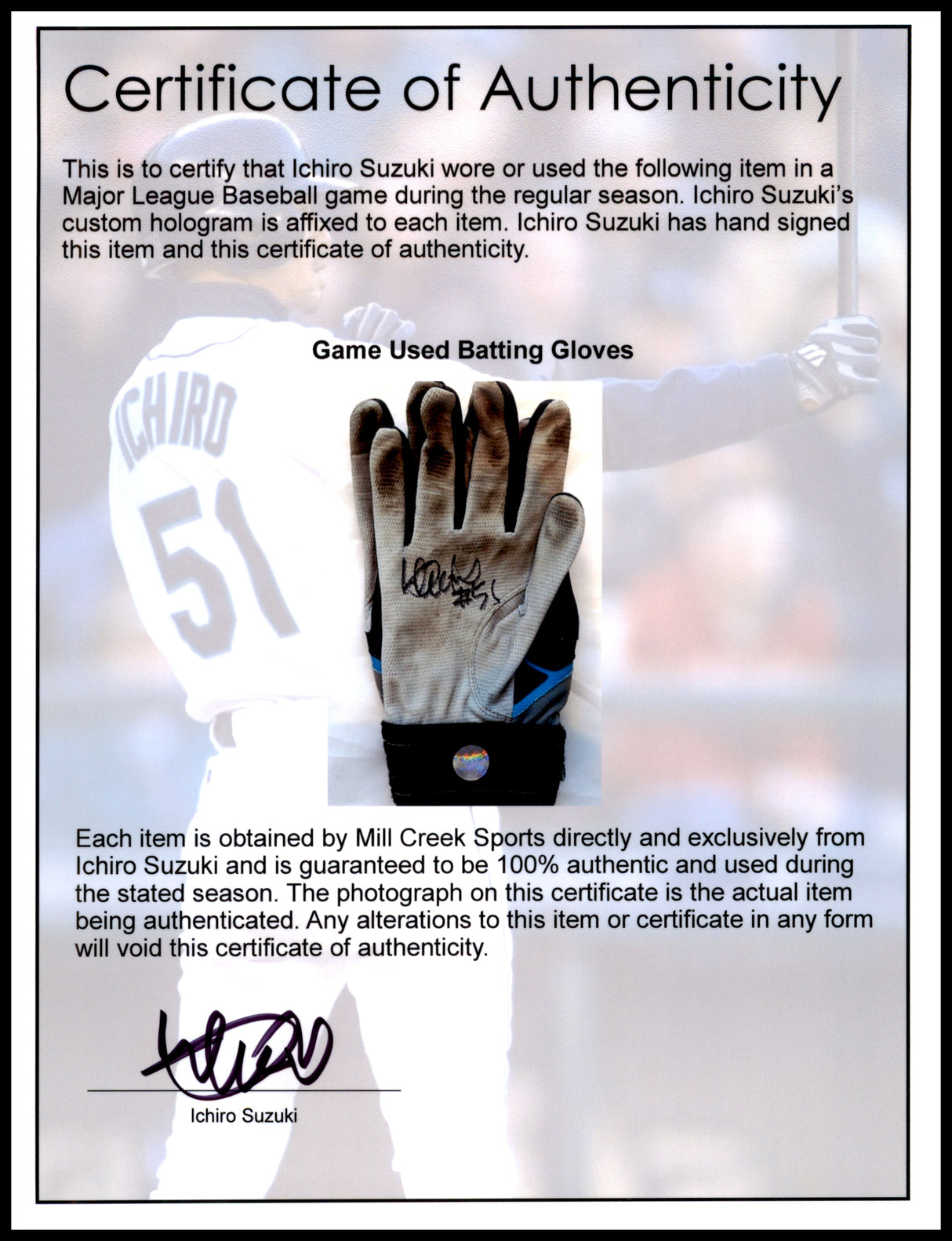 Ichiro Suzuki Autographed Pair of Grey & Teal Mizuno Game Used Batting Gloves Seattle Mariners "#51" IS Holo SKU #238833