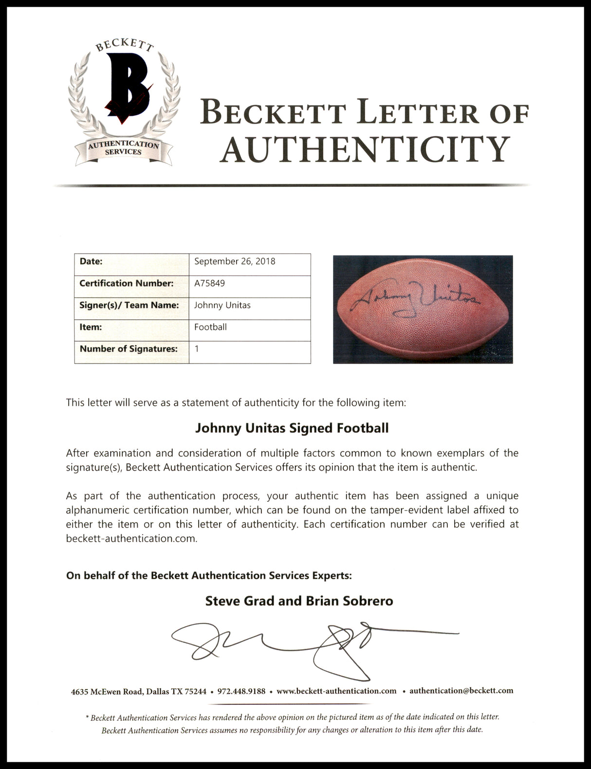 Johnny Unitas Autographed Official NFL Leather Football Baltimore Colts Beckett BAS #A75849