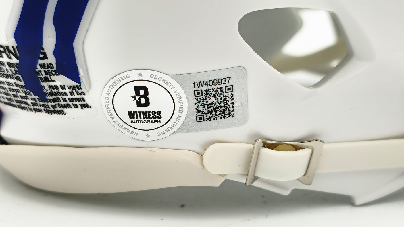 Jim Kelly Autographed Buffalo Bills White Speed Mini Helmet Beckett BAS Witness Stock #224820
