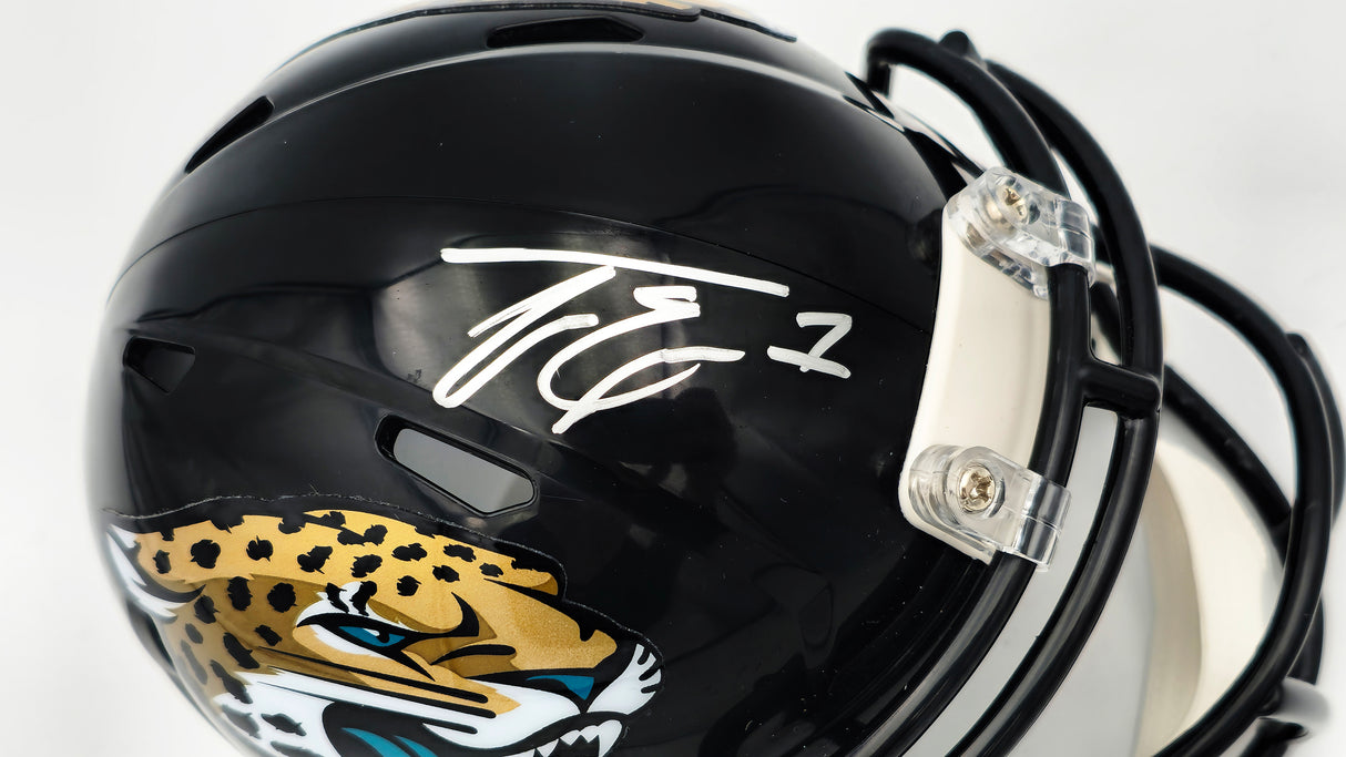 Travis Etienne Autographed Jacksonville Jaguars Black Speed Mini Helmet Beckett BAS Witness Stock #225128