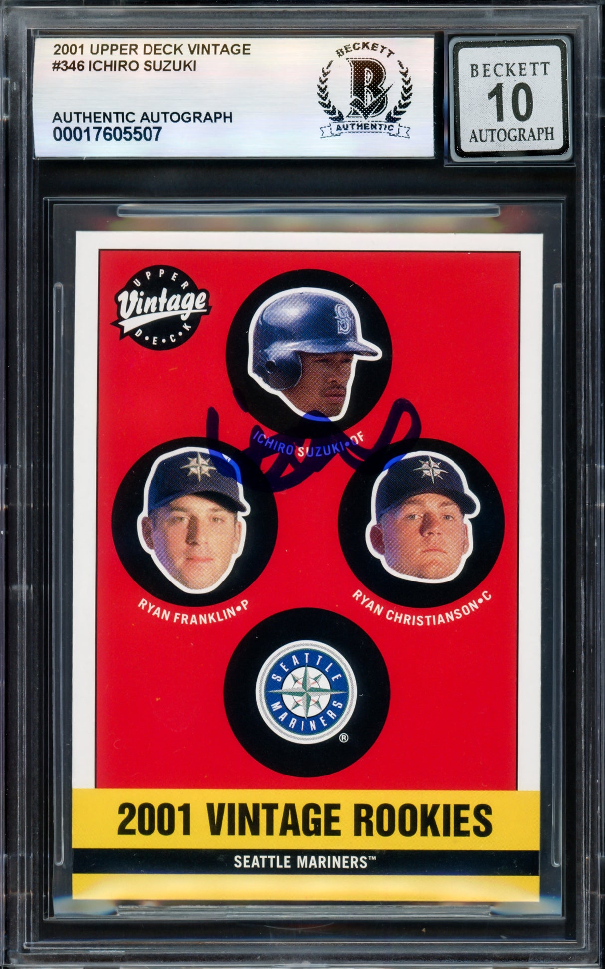 Ichiro Suzuki Autographed 2001 Upper Deck Vintage Rookie Card #346 Seattle Mariners Auto Grade Gem Mint 10 Beckett BAS Stock #238927