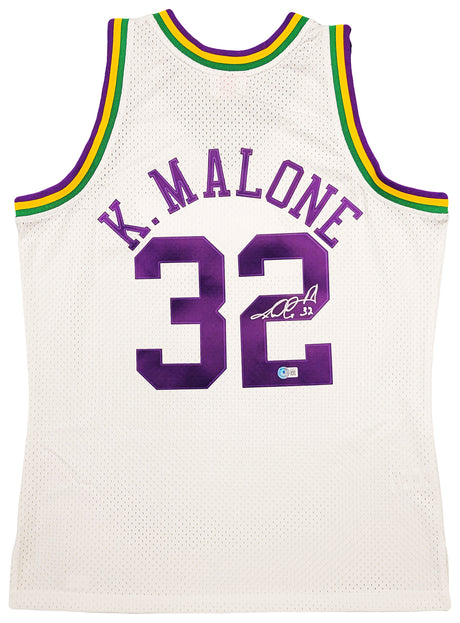 Utah Jazz Karl Malone Autographed White & Purple Authentic Mitchell & Ness Jersey Size L Beckett BAS Stock #211876