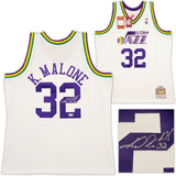 Utah Jazz Karl Malone Autographed White & Purple Authentic Mitchell & Ness Jersey Size XL Beckett BAS Stock #211875