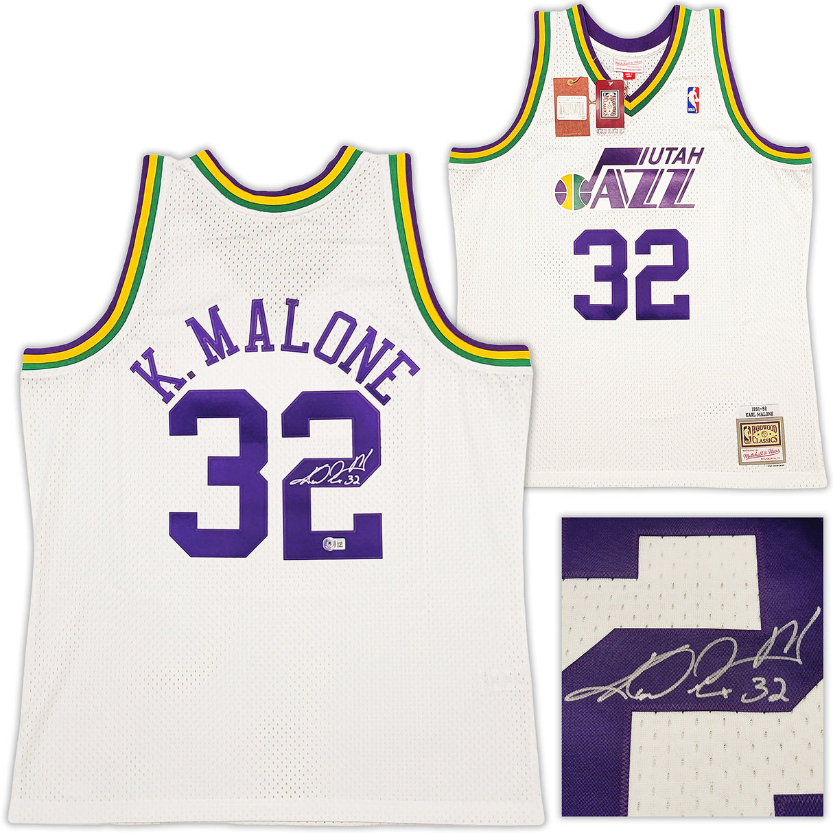 Utah Jazz Karl Malone Autographed White & Purple Authentic Mitchell & Ness Jersey Size XL Beckett BAS Stock #211875
