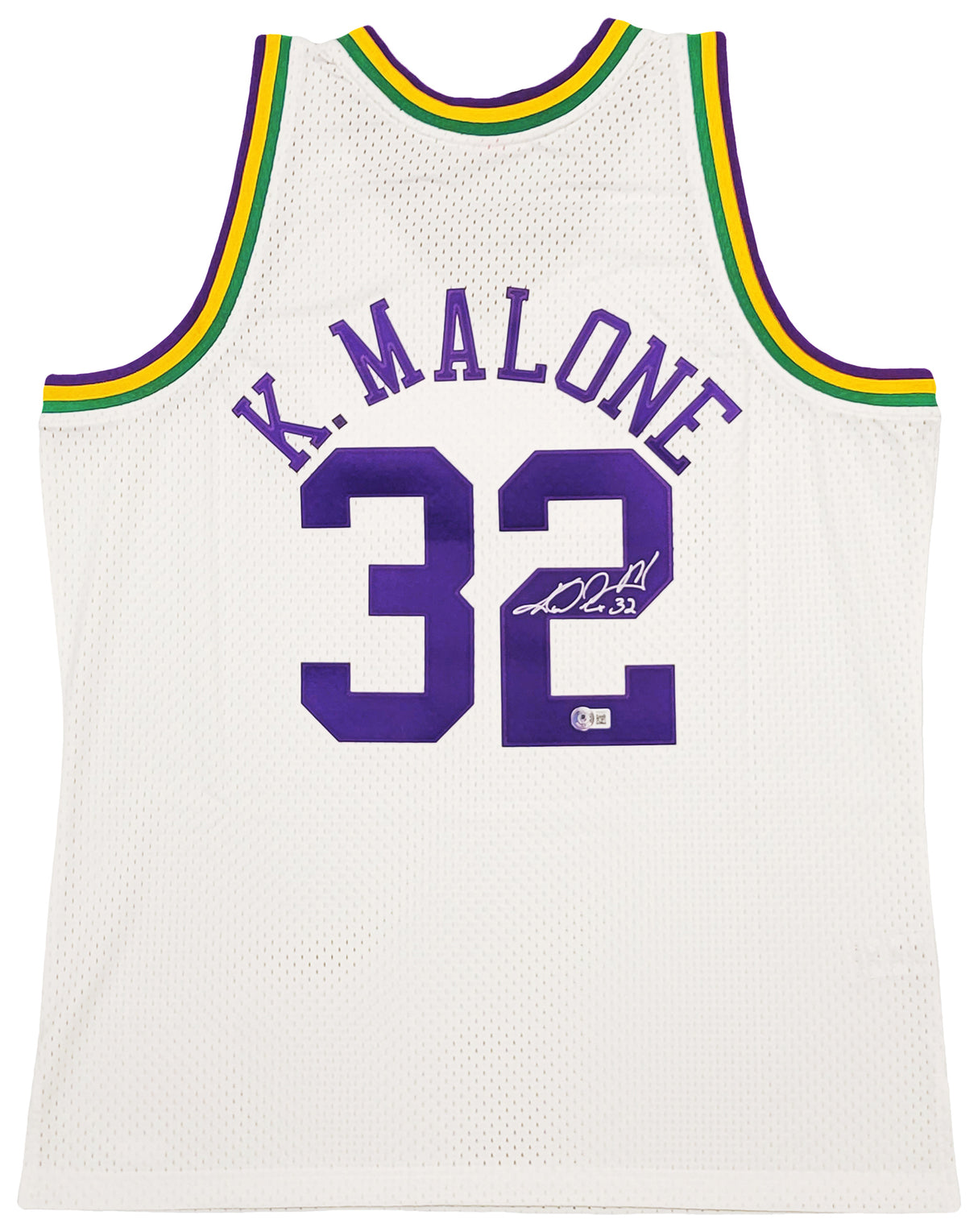 Utah Jazz Karl Malone Autographed White & Purple Authentic Mitchell & Ness Jersey Size XL Beckett BAS Stock #211875