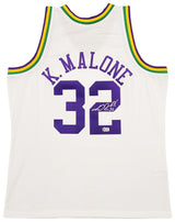 Utah Jazz Karl Malone Autographed White & Purple Authentic Mitchell & Ness Jersey Size XL Beckett BAS Stock #211875