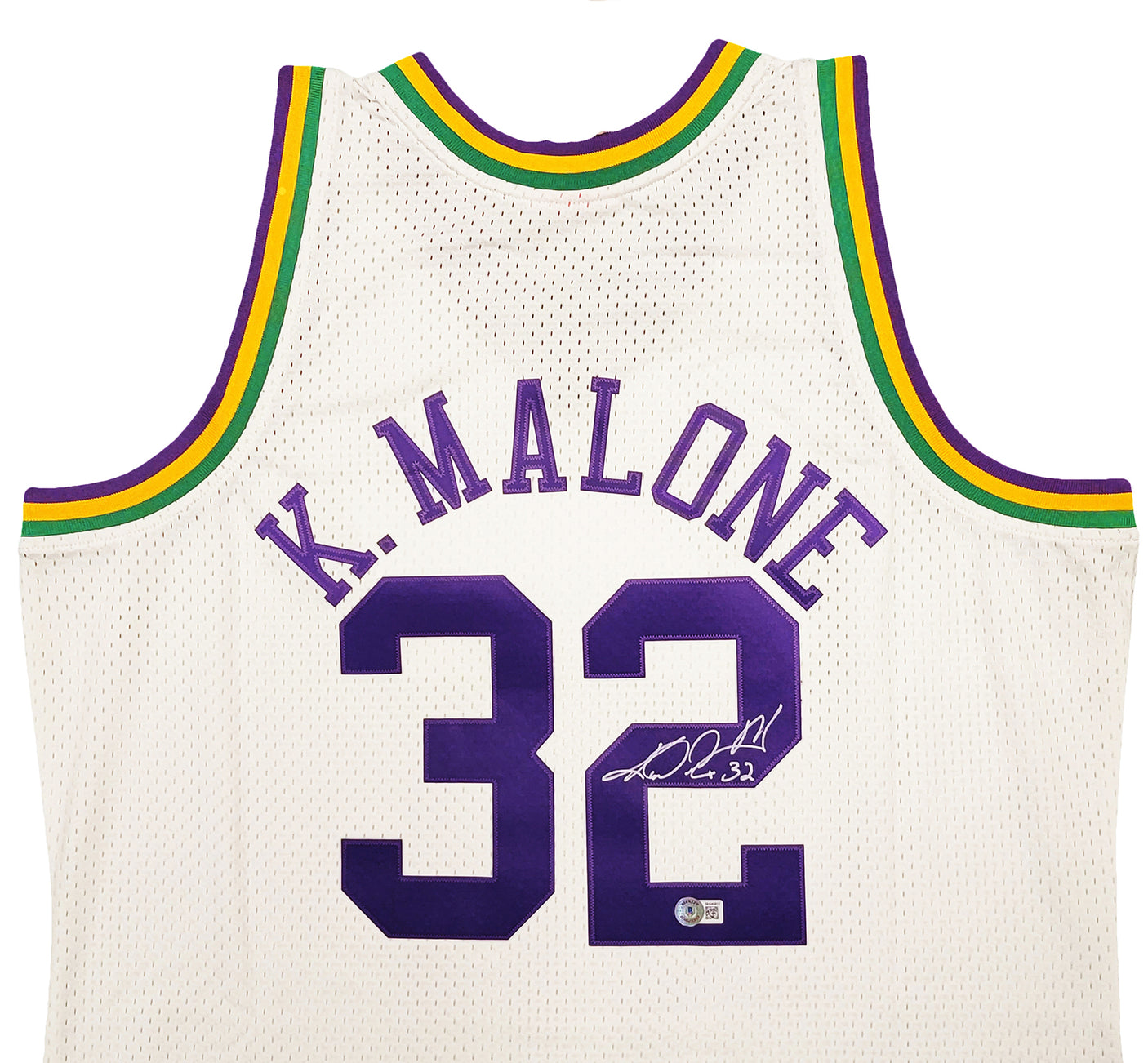 Utah Jazz Karl Malone Autographed White & Purple Authentic Mitchell & Ness Jersey Size XL Beckett BAS Stock #211875