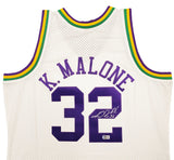 Utah Jazz Karl Malone Autographed White & Purple Authentic Mitchell & Ness Jersey Size XL Beckett BAS Stock #211875