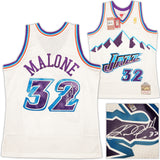 Utah Jazz Karl Malone Autographed White Authentic Mitchell & Ness Jersey Size L Beckett BAS Stock #211874