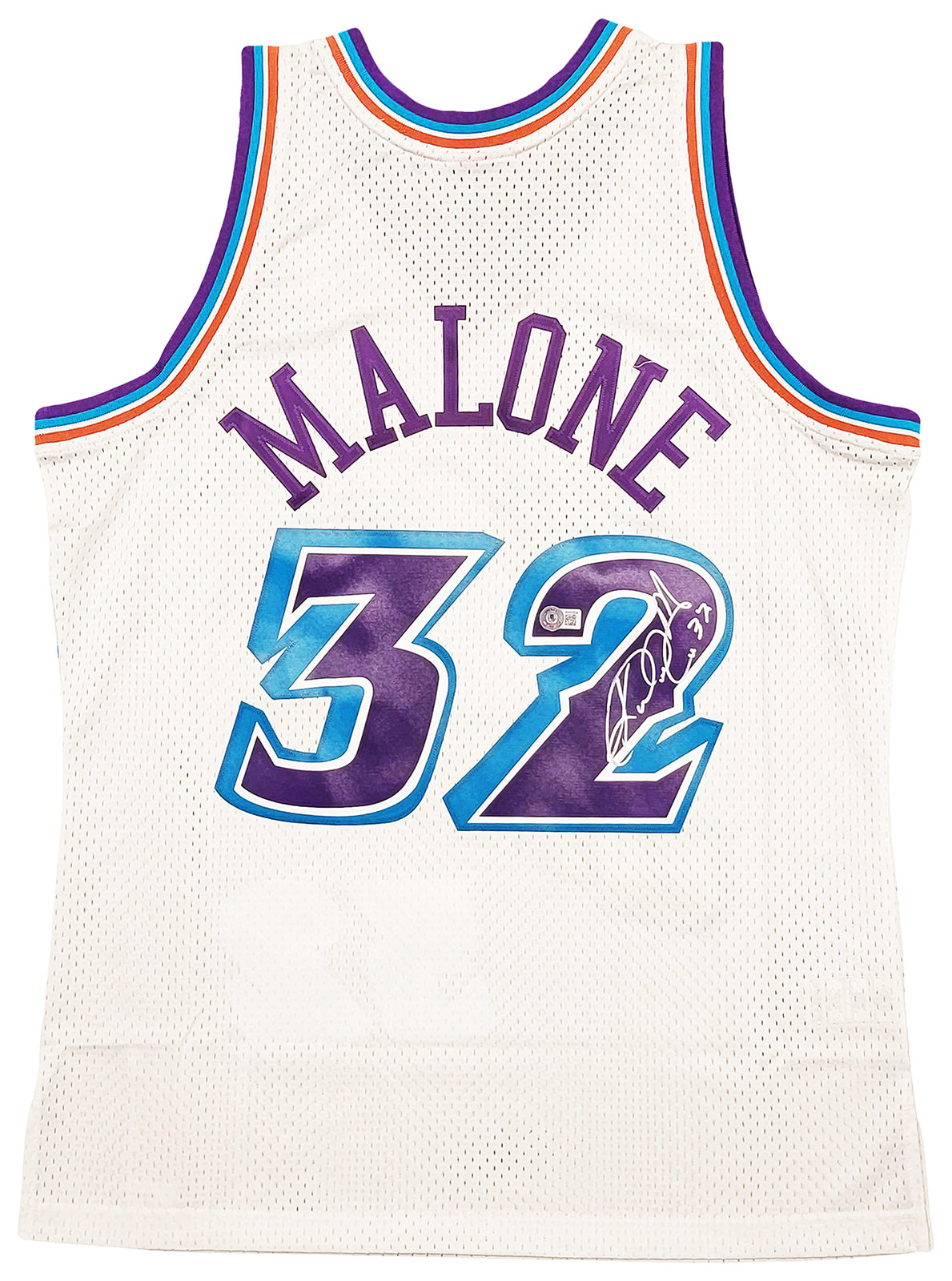 Utah Jazz Karl Malone Autographed White Authentic Mitchell & Ness Jersey Size L Beckett BAS Stock #211874