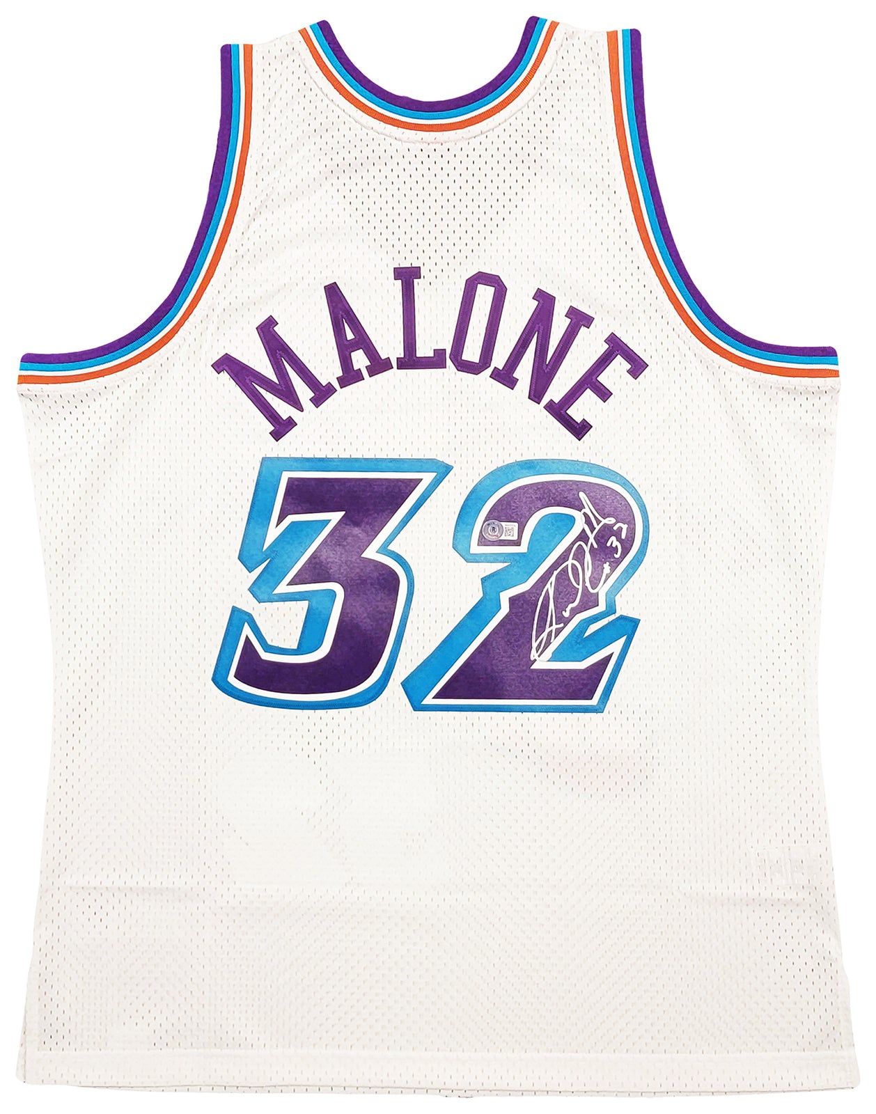 Utah Jazz Karl Malone Autographed White Authentic Mitchell & Ness Jersey Size XL Beckett BAS Stock #211873