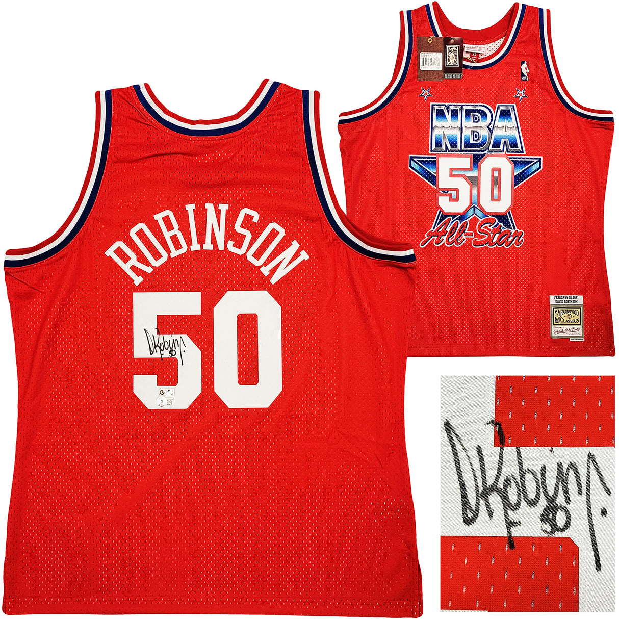 San Antonio Spurs David Robinson Autographed Red Authentic Mitchell & Ness 1991 All Star Game Swingman Jersey Size XL Beckett BAS Witness Stock #212087